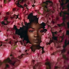 African American Beauty in Pink Blossoms - 760750748