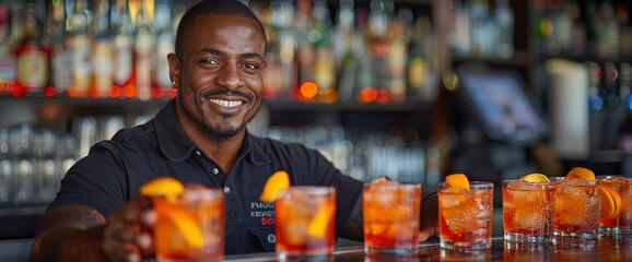 A cheerful bartender PHP serving cocktails at a bar, Wallpaper Pictures, Background Hd - obrazy, fototapety, plakaty