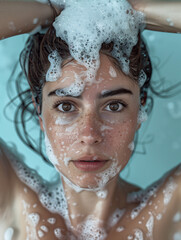 Close up on the face of a young woman taking a shower. She is covered in soap scum