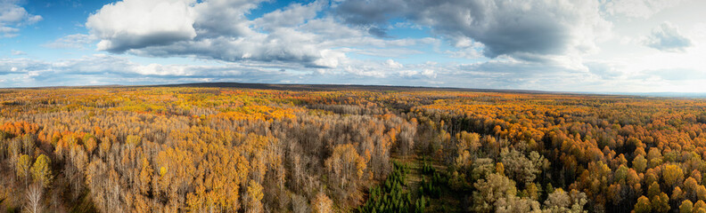 Southern Urals, Bashkiria, autumn forest. Aerial view.