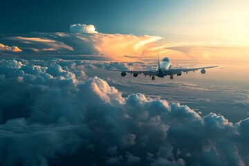 High-flying Airplane flies clouds travel. Tourism fly. Generate Ai