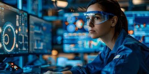 Scientist evaluates AI in secure lab for advanced military defense tech testing. Concept AI Evaluation, Secure Lab, Military Defense Tech, Scientist, Advanced Testing - obrazy, fototapety, plakaty