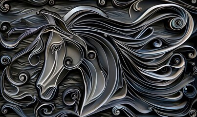 a black and silver horse, paper quilling 
