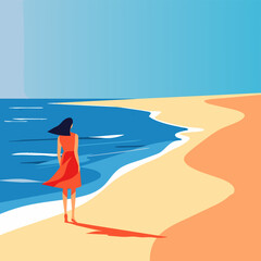 Woman stand on sun beach and looking at summer sea landscape. Travel to sea. Elegant young girl wearing dress, back view. Vector cartoon ai illustration