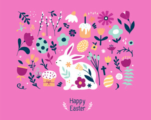Awesome happy easter card in vector. Funny rabbits and spring flowers with hearts. Stylish holiday background in popular style.Vector illustration. - 760751911