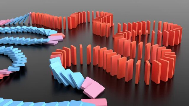 domino effect chain reaction 3d animation. Can be used to represent economic collapse, stock market crash or inflation in finance