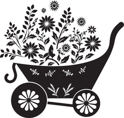 Wheelbarrow Whimsy Aesthetic Floral Emblem Design Blossom Conveyance Vector Logo of Garden Wheelbarrow