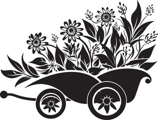 Petal Pusher Aesthetic Wheelbarrow Emblem Floral Freight Vector Icon of Garden Wheelbarrow