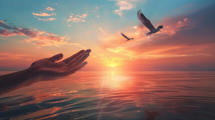 In worship, open palms rise as birds glide above serene sunset waters, symbolizing prayer for divine blessings.