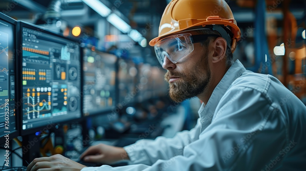 Aufkleber An engineer monitoring a sophisticated AI dashboard showing real-time data and predictive analytics from various sensors on industrial machinery. Generative AI.
