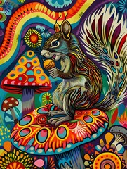 Bold surrealism squirrel and acorn on vibrant mushroom