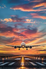 Airplane Landing at Sunset on Runway - 760752787