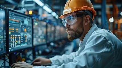 An engineer monitoring a sophisticated AI dashboard showing real-time data and predictive analytics from various sensors on industrial machinery. Generative AI.