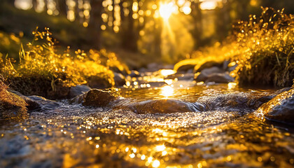 Closeup view of a majestic looking water stream with golden reflection from the sun
