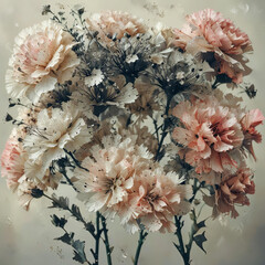 Blooming Carnation Bouquet with Dew Drops and Pressed Flowers Collage Gen AI
