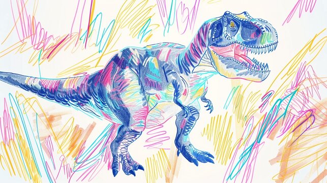Child-like crayon drawing blue T-Rex