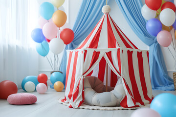 Stripes tent of circus children's room for show and childish entertainment. Circus canopy performance at home - obrazy, fototapety, plakaty