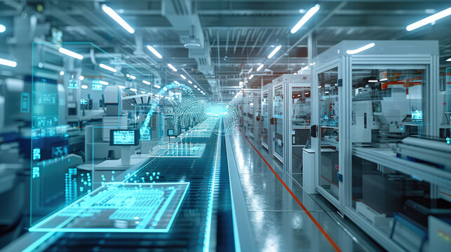 Modern manufacturing, holographic overlays symbolizing data flows between different manufacturing equipment, trays with manufactured parts at various locations in the shop floor. Generative AI.
