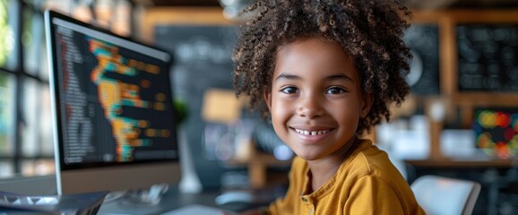 A child sitting at a computer, coding with enthusiasm using AI programming tools designed for young learners - obrazy, fototapety, plakaty
