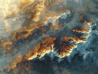 Aerial view of a Golden light, misty valleys, snow-capped peaks, tranquil dawn. 