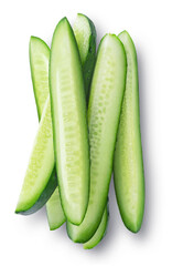 Sliced cucumber slices isolated on transparent background, top view.