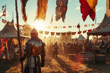 Knight browsing weaponry at a medieval fair with jousting in the background and banners fluttering Photography - obrazy, fototapety, plakaty