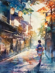 Kyoto street scene with woman in exquisite kimono soft morning light