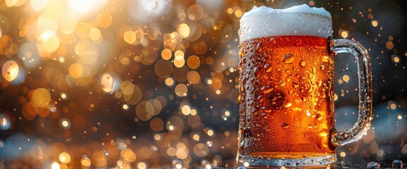A close-up shot of a frosty beer mug held aloft against the backdrop of a dazzling fireworks show, the effervescent bubbles illuminated by the bursts of color in the sky - obrazy, fototapety, plakaty