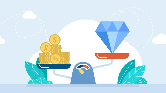 Stack gold coins outweigh a big blue diamond on the scales. Price of creativity, talent, idea. Classic scales with bowls with gold money and diamond. Currency conceptual art. 2d flat animation
