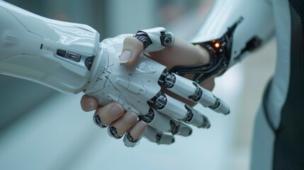 Photos of artificial intelligence machines shaking hands with people, AI technology and the concept of business support, remote workers or businesses using AI teams to work together in the office.