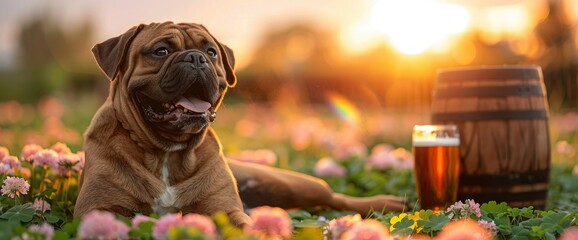 A contented Bulldog lounging in a field of clovers, with a rainbow overhead and a beer keg nearby, celebrating St. Patrick's Day - obrazy, fototapety, plakaty
