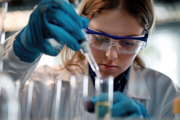 a focused scientist, likely a woman, pipetting a sample into a test tube in a laboratory setting.
