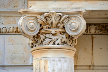 classical architectural detailing, specifically a Corinthian column capital with its distinctive acanthus leaves, showing the elegance and craftsmanship of historical architecture - obrazy, fototapety, plakaty