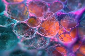 a microscopic close-up of plant or animal cells with a colorful overlay, enhancing the intricate network of interconnecting lines and patterns
