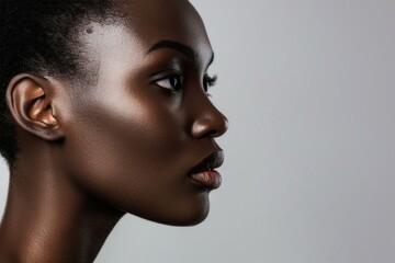 A side profile portrait of a woman with dark skin. The focus is on her face with detail on her cheekbones, jawline, and neck, emphasizing her smooth skin and facial features - obrazy, fototapety, plakaty