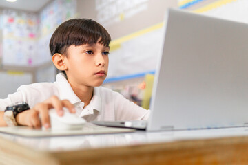 Portrait of little boy using laptop, studying online.