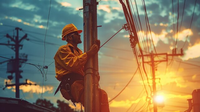 A lineman working in the electrical pole in uniform. Generative AI.