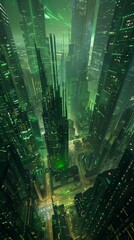 Digitally Generated Green Matrix Cityscape - 760755306