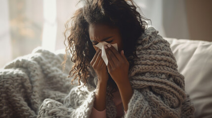 A person is wrapped in a knitted blanket, using a tissue. - obrazy, fototapety, plakaty