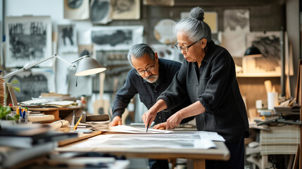 Experienced artisans collaborate in design studio, a scene of creativity and fine craftsmanship, carefully reviewing drawings, demonstrating experience and concentration
