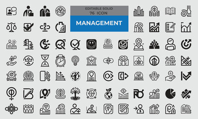 76 Solid Icons for Management set in fill style. Excellent icons collection. Vector illustration. 