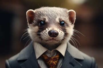 Portrait of a ferret in a suit and tie. Close-up.
