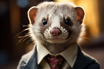 Portrait of a ferret in a suit and tie. Close-up.
