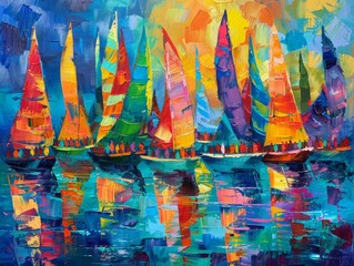 A vibrant painting featuring multiple colorful sailboats sailing on the water under a bright sky