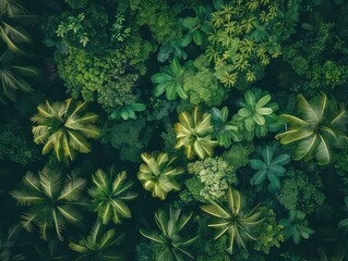 Aerial view of a Lush greenery, towering trees, dense foliage, mountain wilderness.  - obrazy, fototapety, plakaty