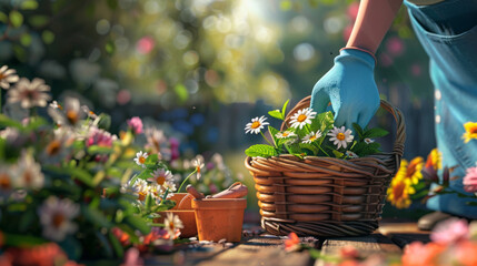 Hands in gloves holding a terracotta pot with lush green plants, amidst a blurred backdrop of colorful blooming flowers in a sunlit garden.