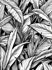 A black and white artwork featuring intricately drawn leaves with various shapes and sizes