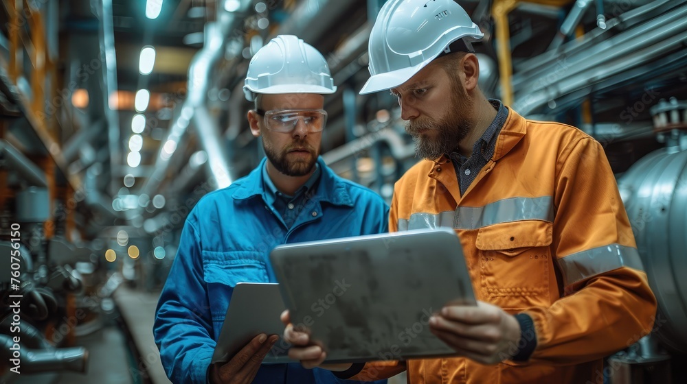 Poster two service engineers looking at laptop in work clothes at industry factory. generative ai.