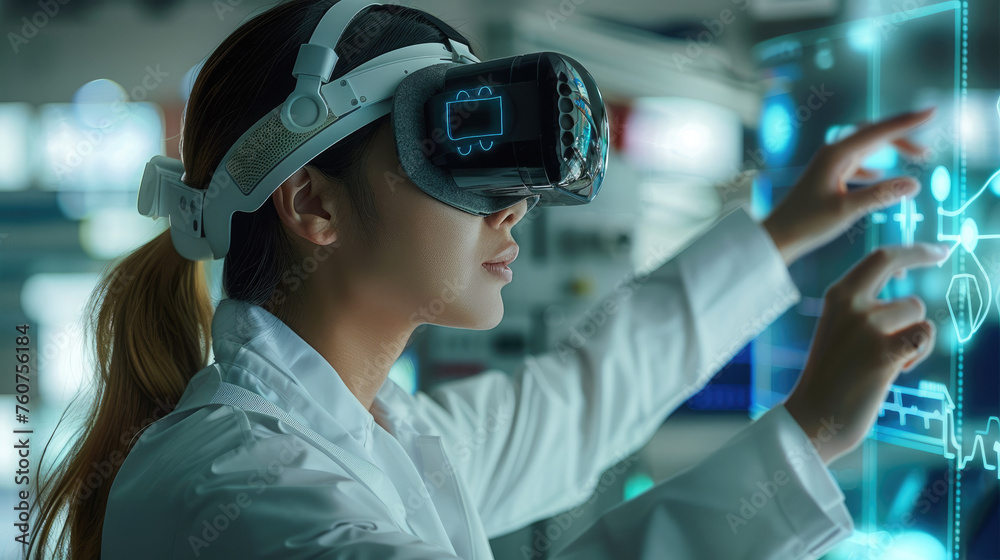 Aufkleber a female worker with vr headset and handset operating a hi-tech medical machine with display on scre
