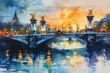 Fototapeta premium Picturesque Alexander bridge with river view watercolor. Architectural historical illuminated bridge in French capital. Generate ai
